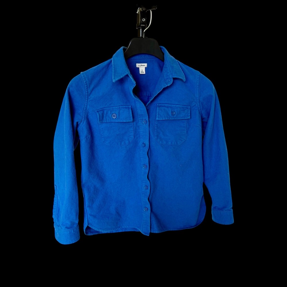 LL Bean Womens Blue Flannel Button Down Shirt Small Petite Cotton Chamois
